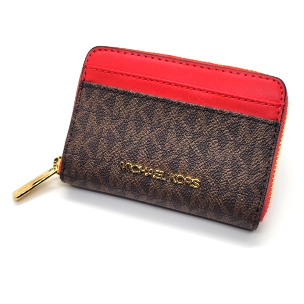 Michael Kors Jet Set Travel Med Zip Around Card Case Wallet Flame and Brown